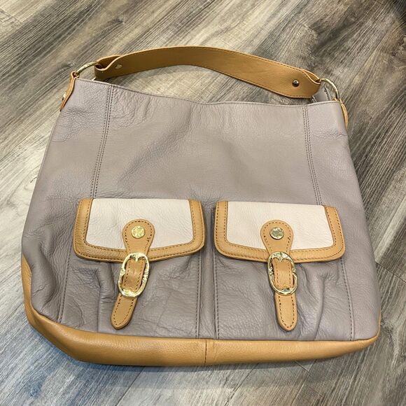 Emma Fox Gray/Beige Large Shoulder Leather Handbag Purse - Picture 1 of 8
